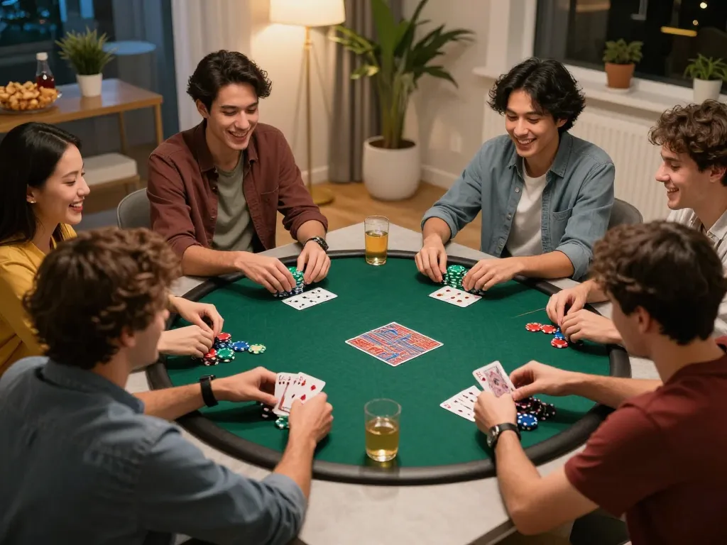 Engaging home poker night scene showcasing friends enjoying gaming while ensuring link vào 79king an toàn for safe gambling.