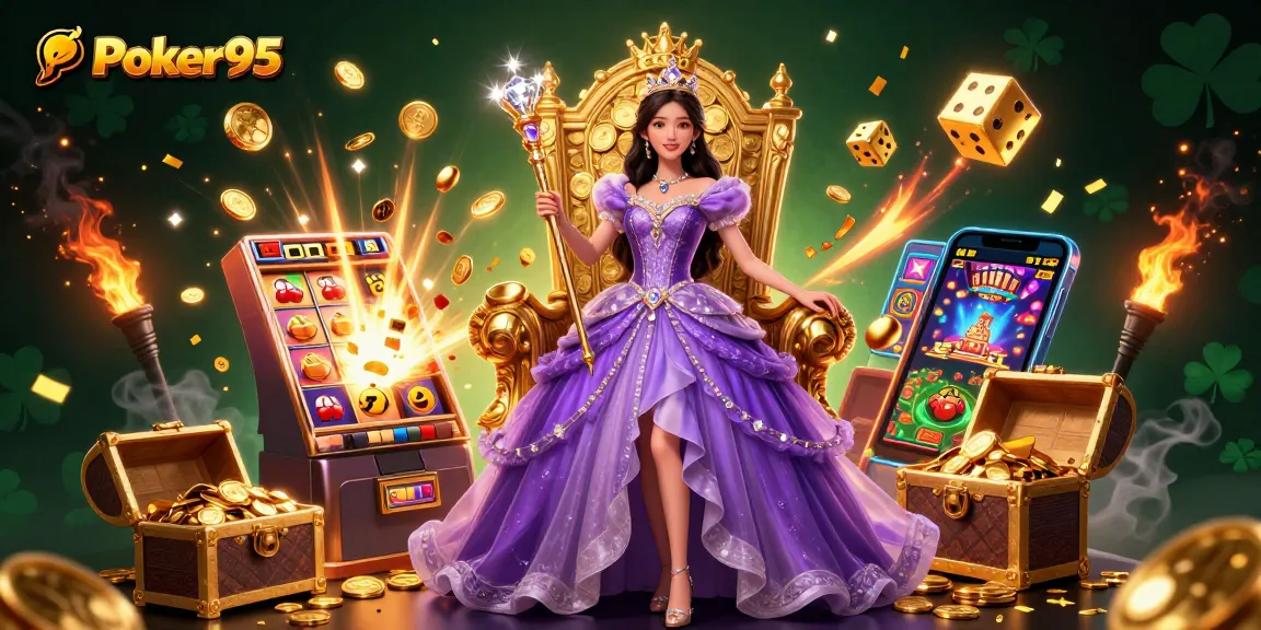 Experience thrilling gameplay with Poker95 on a vibrant visual scene featuring a jackpot explosion and exciting casino elements.
