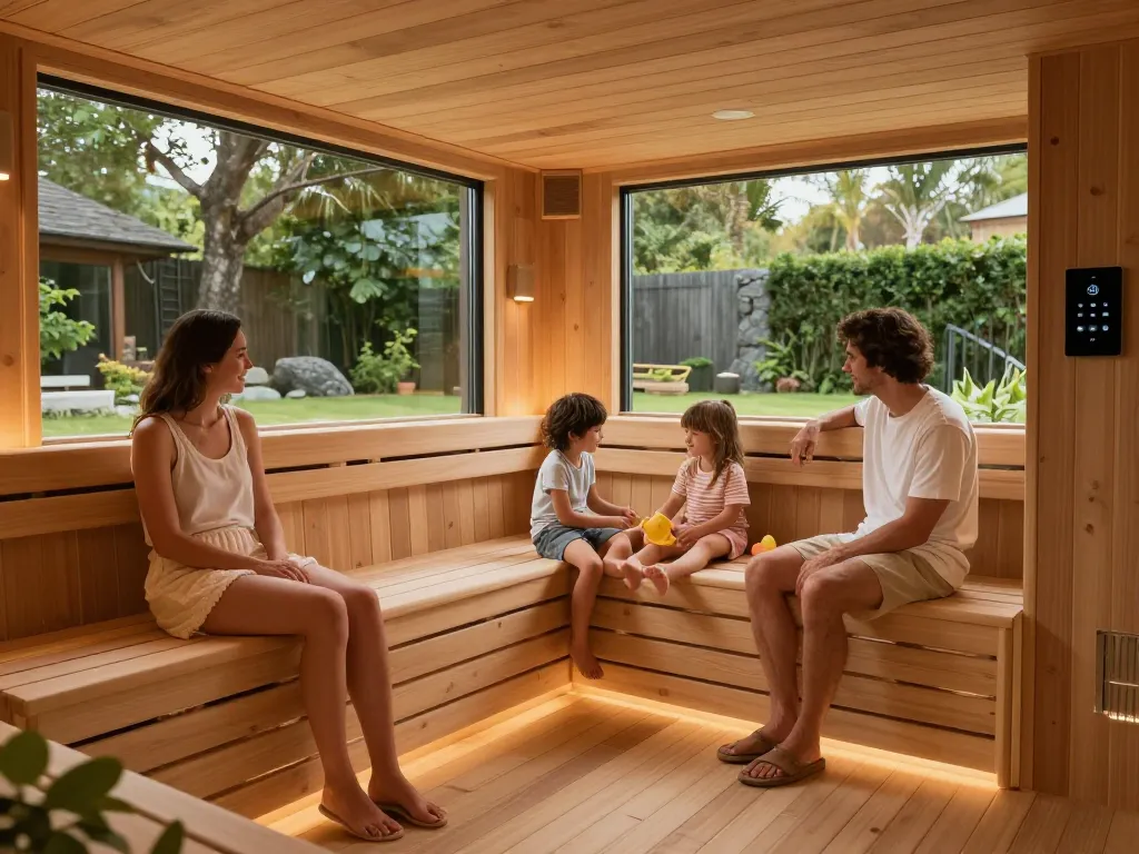 Family enjoying sauna customization in a cozy home sauna with cedar benches and serene greenery.
