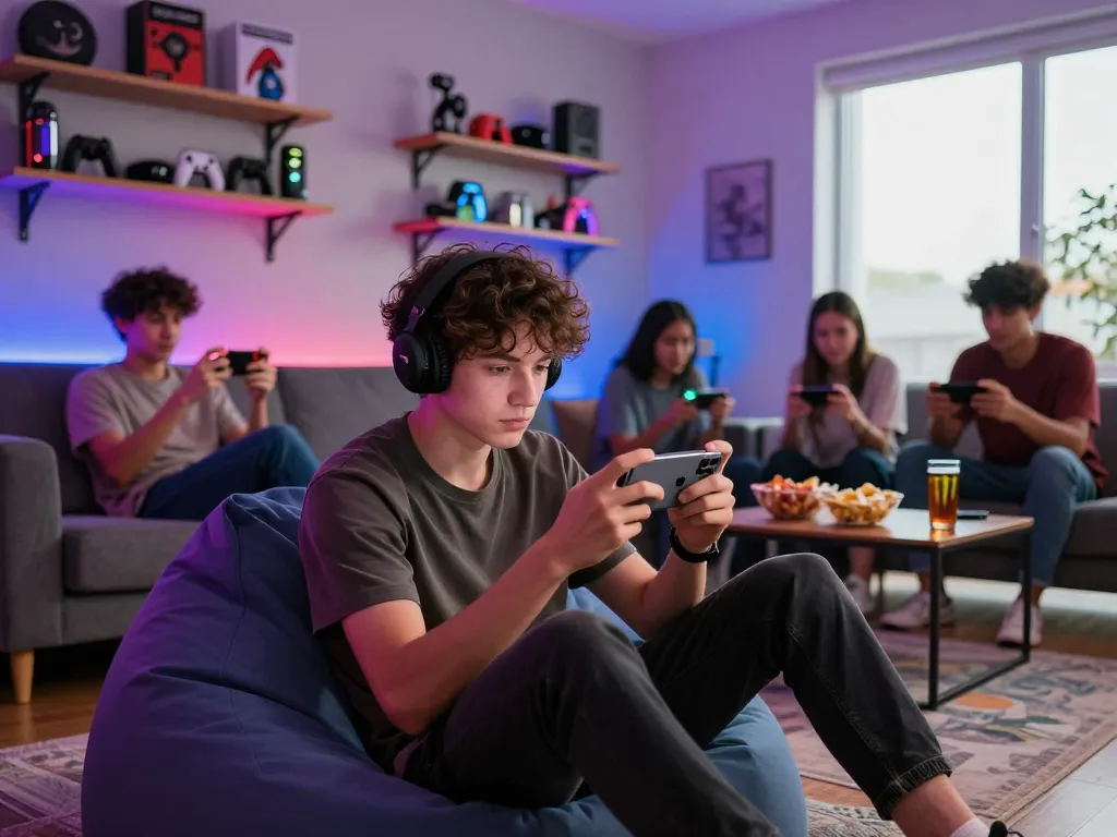 Dynamic gaming scene at home with friends enjoying autowin88 on mobile devices
