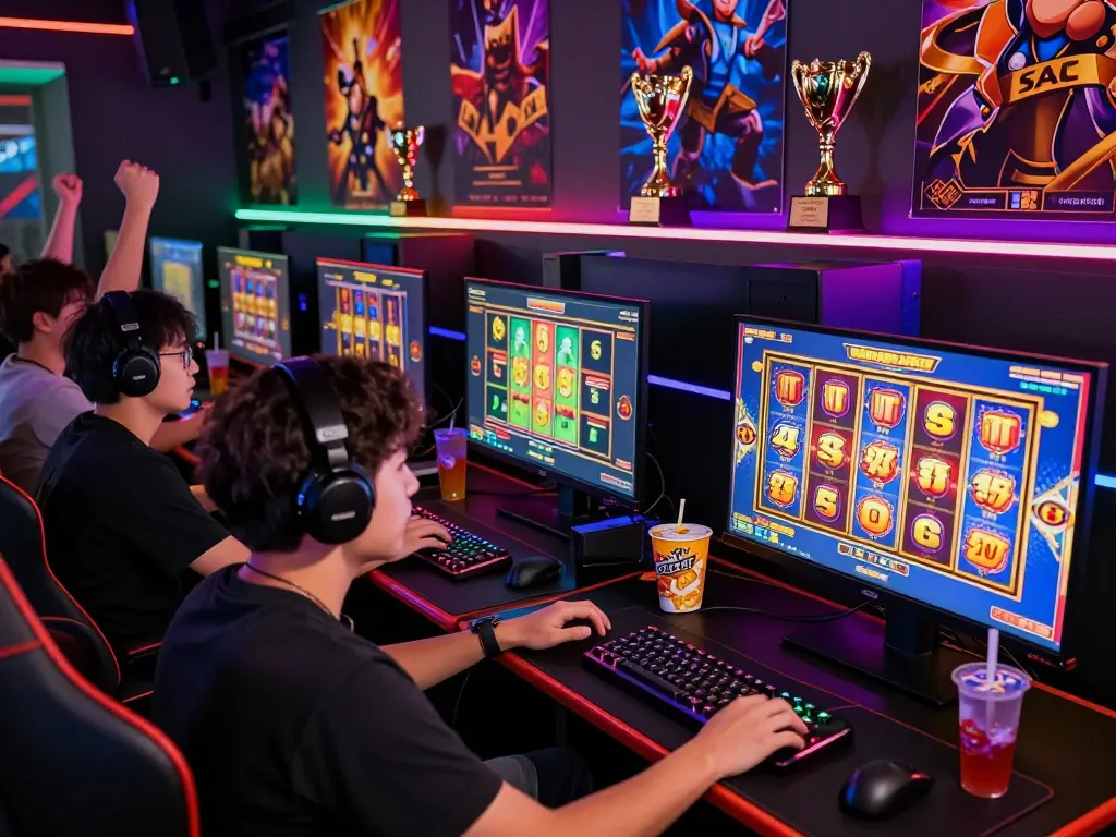 Excited players celebrating wins while playing slot gacor games online, showcasing vibrant gaming atmosphere.