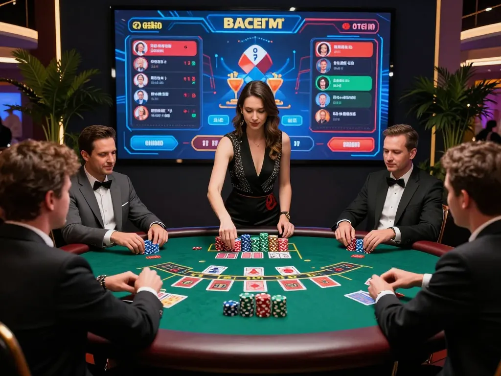 Baccarat game scene featuring players at a casino table, showcasing popular 바카라사이트 experience with live dealer interaction and vibrant casino atmosphere.