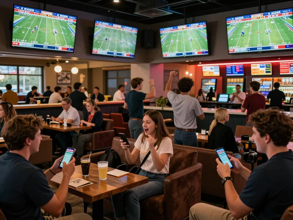 KQBD sports betting scene with fans cheering and live match updates.