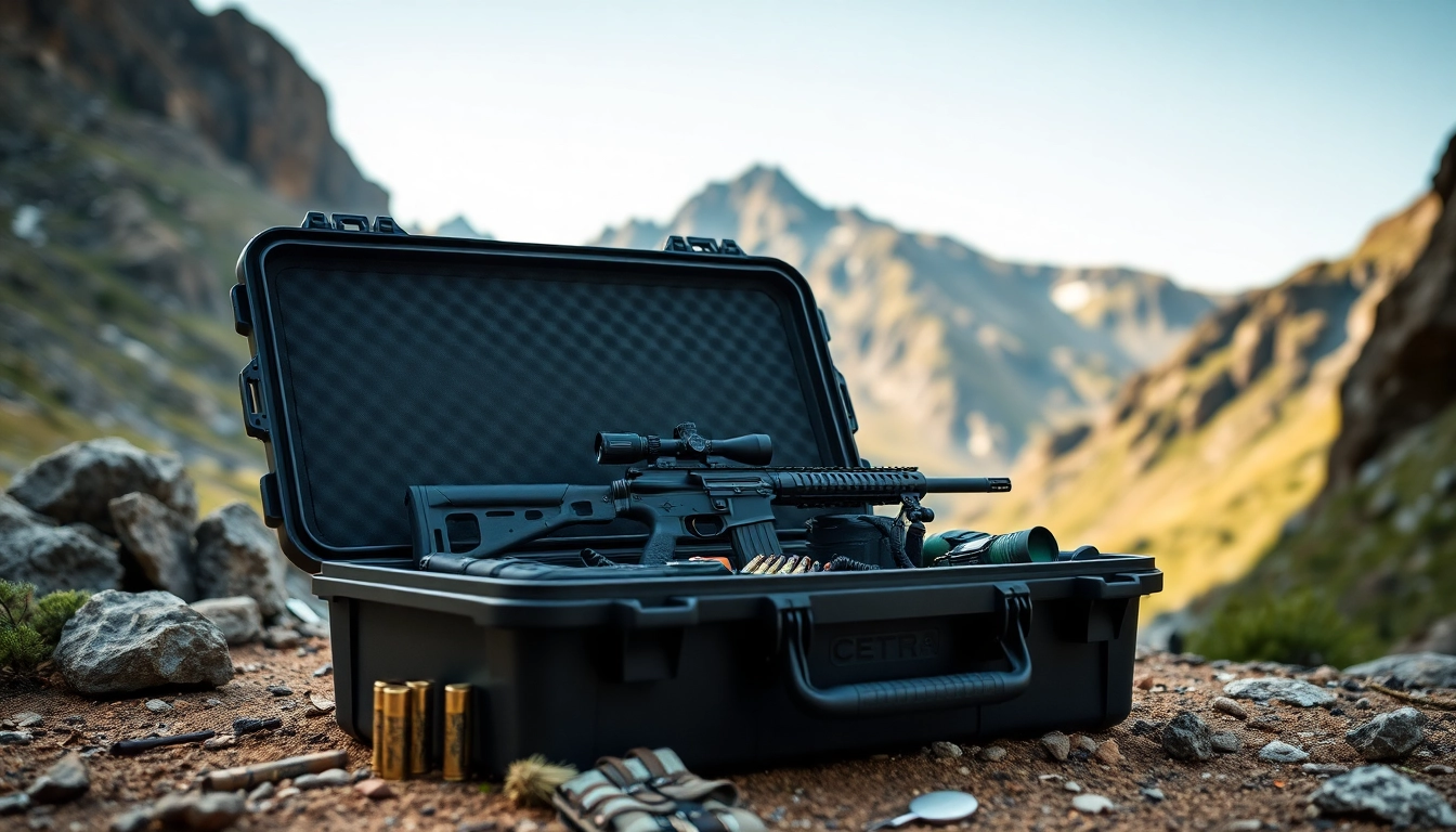 Showcasing a pelican rifle case with a stylish rifle and tactical gear in a natural outdoor environment.