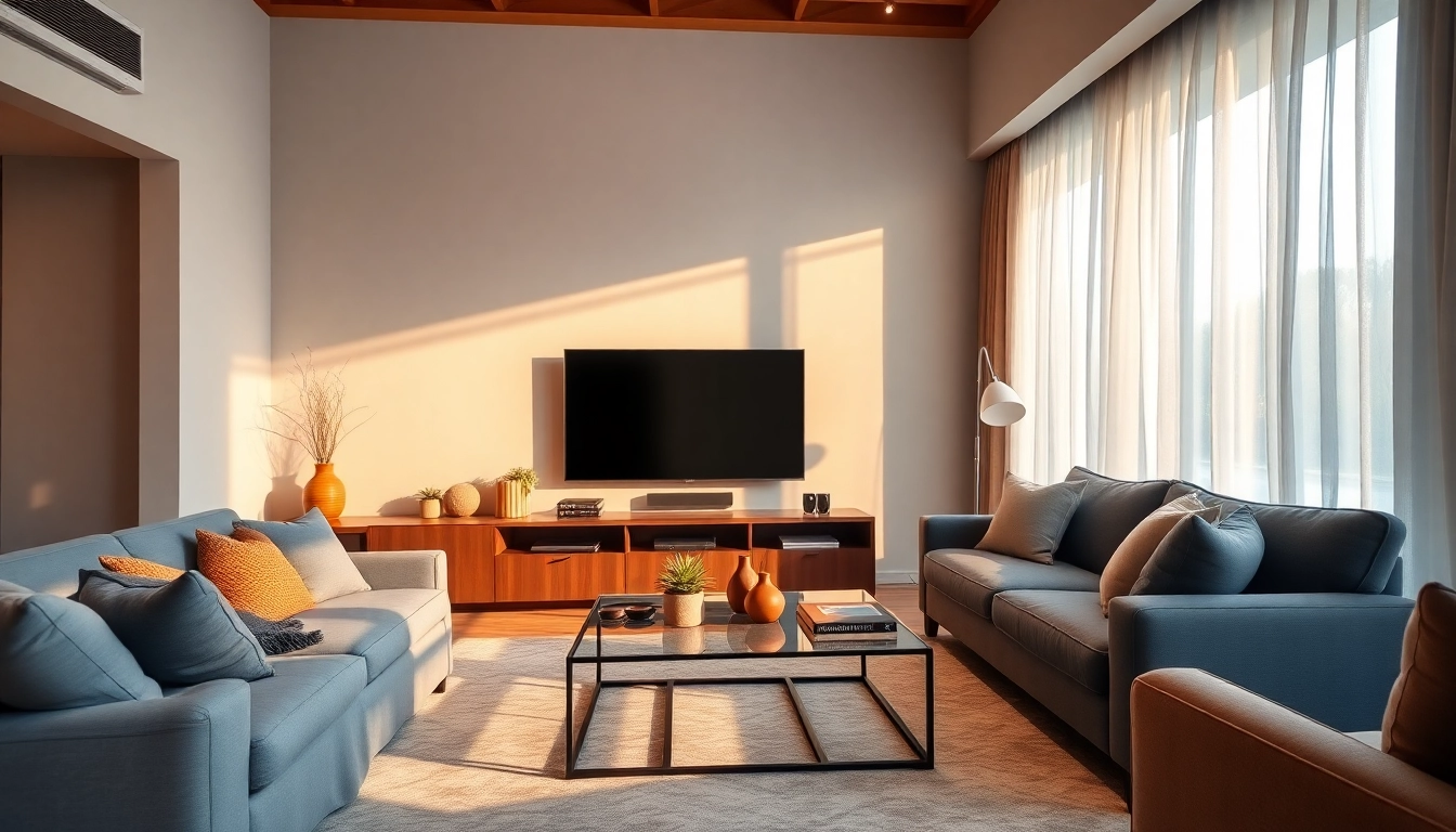 Genießen Sie das Panasonic TX-39ASW654 in einem eleganten Wohnzimmer-Setup mit modernem Mobiliar.