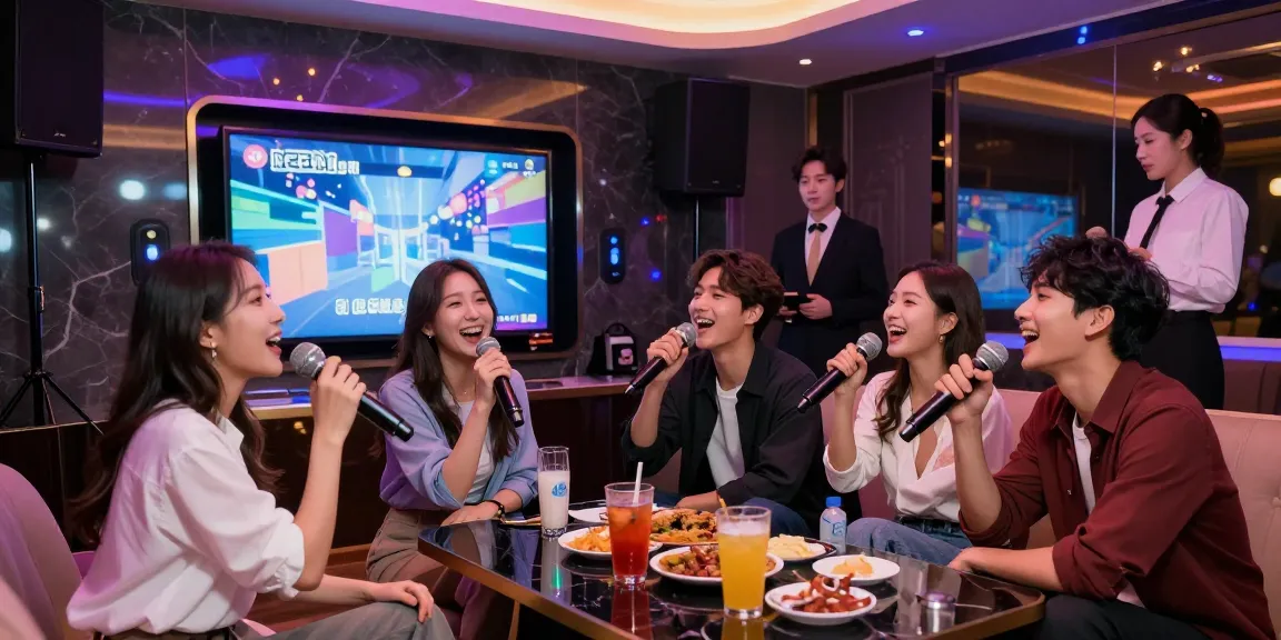 강남가라오케에서 즐거운 시간을 보내는 친구들, 고급 음향 시설과 화려한 조명으로 꾸며진 룸에서 노래하며 음료와 안주를 즐기는 모습.