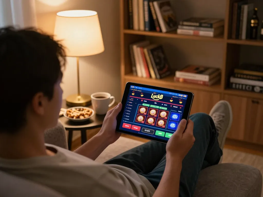 Engaging in online gaming at Luck8 tablet interface, showcasing a comfortable home setup.