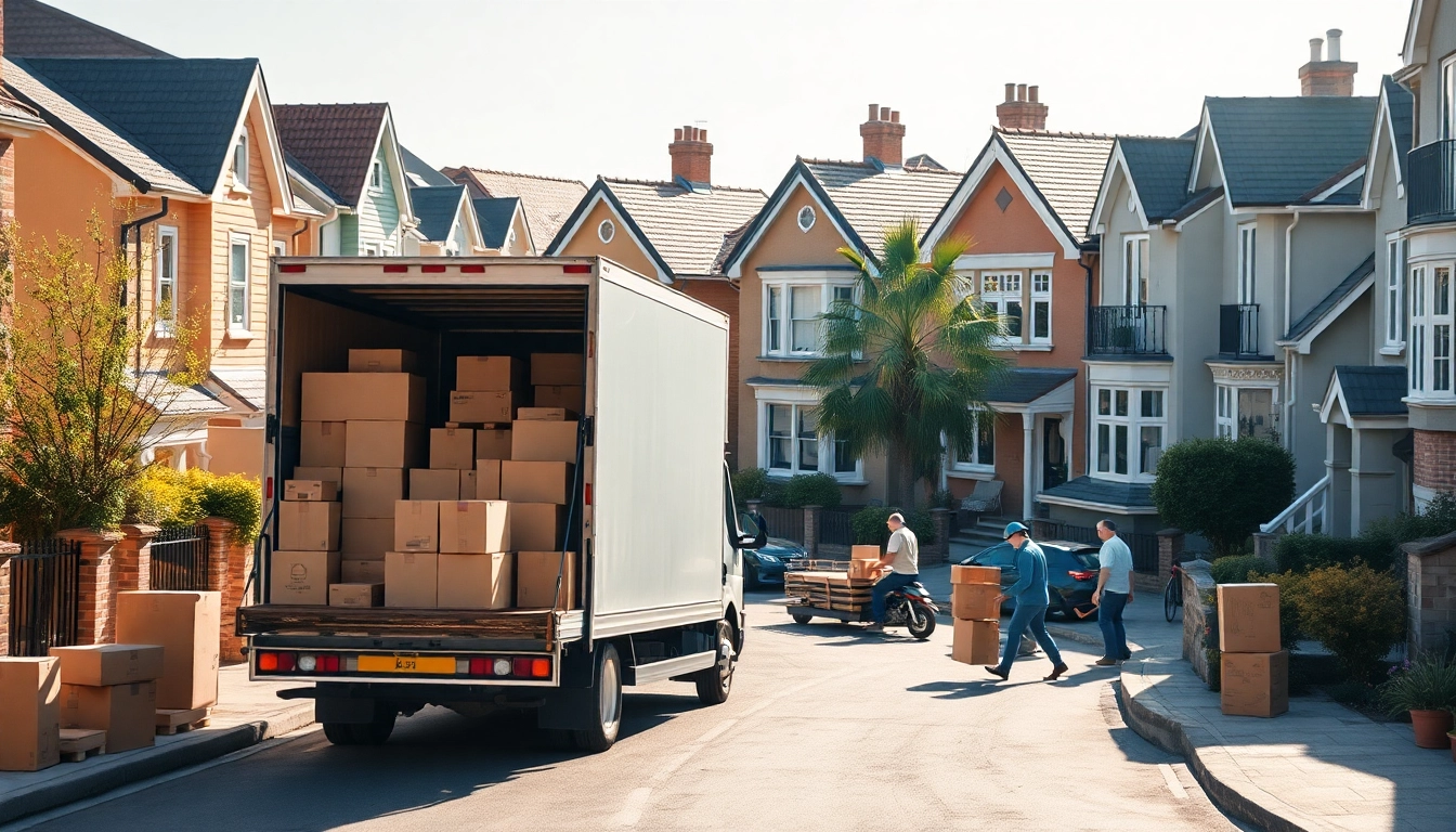 House removal companies efficiently transporting boxes in a lively urban setting.