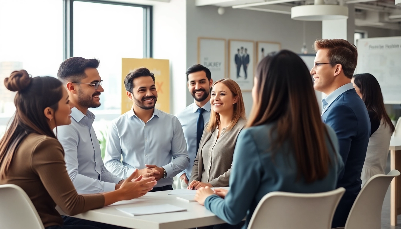 Recruiters discussing new hire jobs in a vibrant office with diverse candidates.
