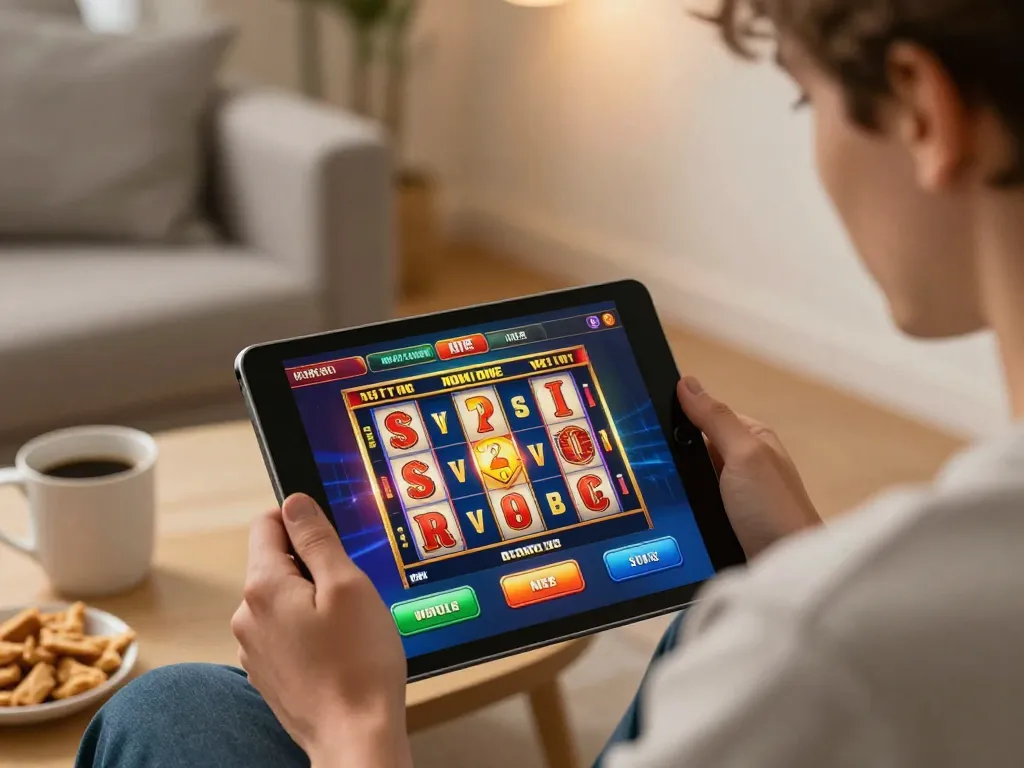Engage with okwin's exciting slot games in a cozy home setup showcasing mobile gameplay