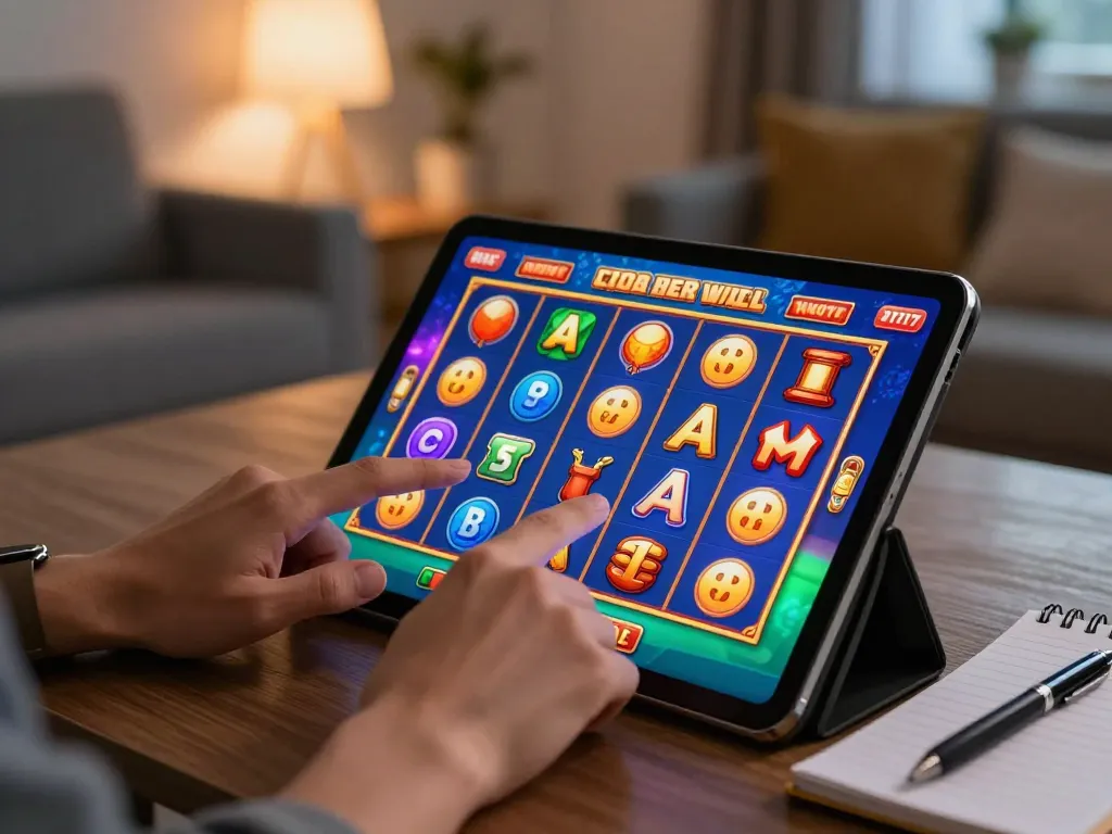 Player celebrates a slot win on a tablet, showcasing vibrant symbols and responsible gaming.