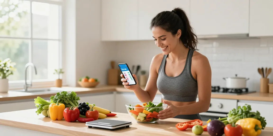 Health enthusiast using the best calorie tracker app while preparing a healthy meal in a bright kitchen.
