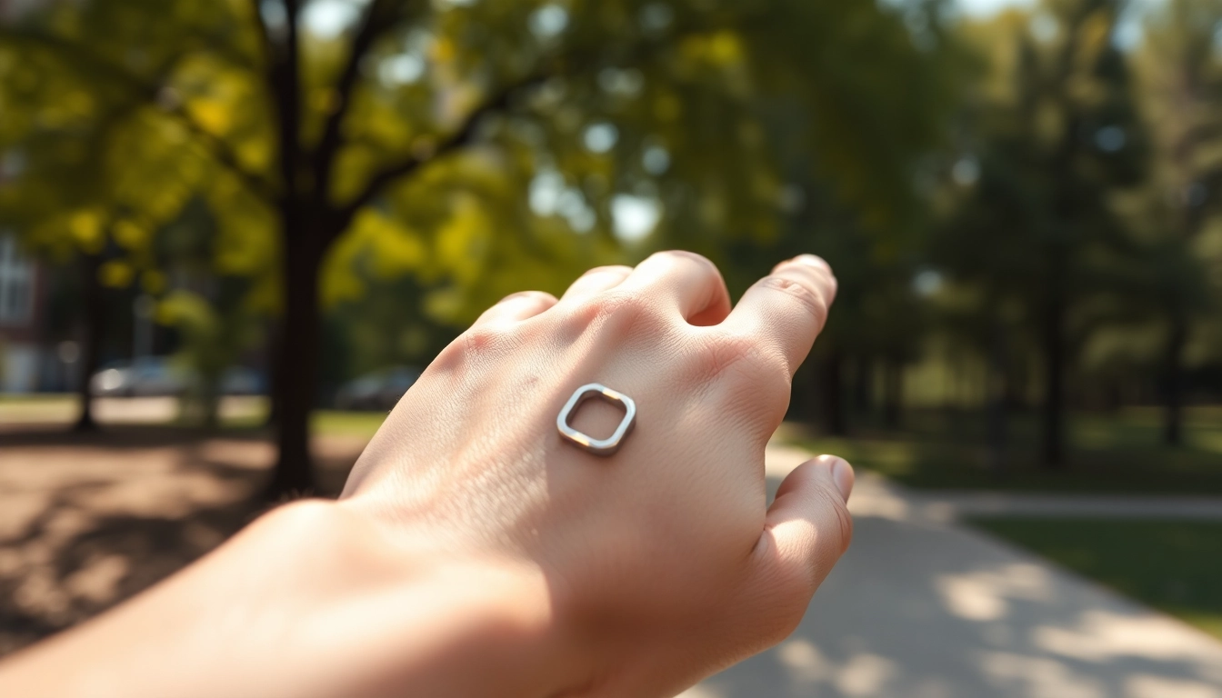 Health Ring on a wrist promoting fitness and wellness in a vibrant outdoor setting.