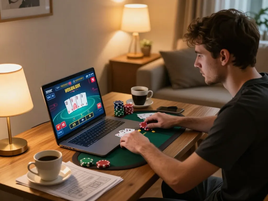 Player engaged in an online rr88 poker game with strategy notes and coffee