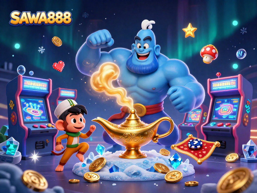 Engage with SAWA888 in this vibrant 3D casino scene featuring a genie, poker chips, and arcade games.