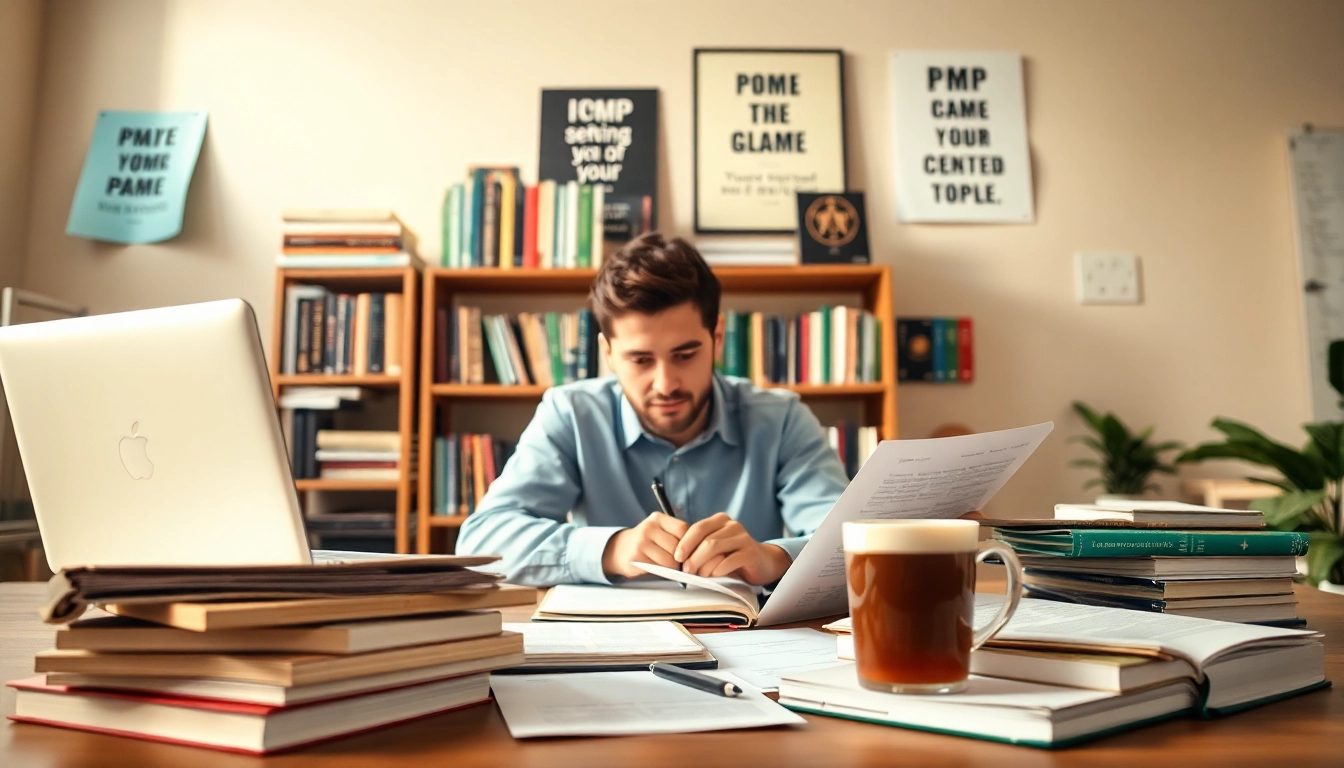 PMP exam support through a focused study scene with books and notes for effective preparation.