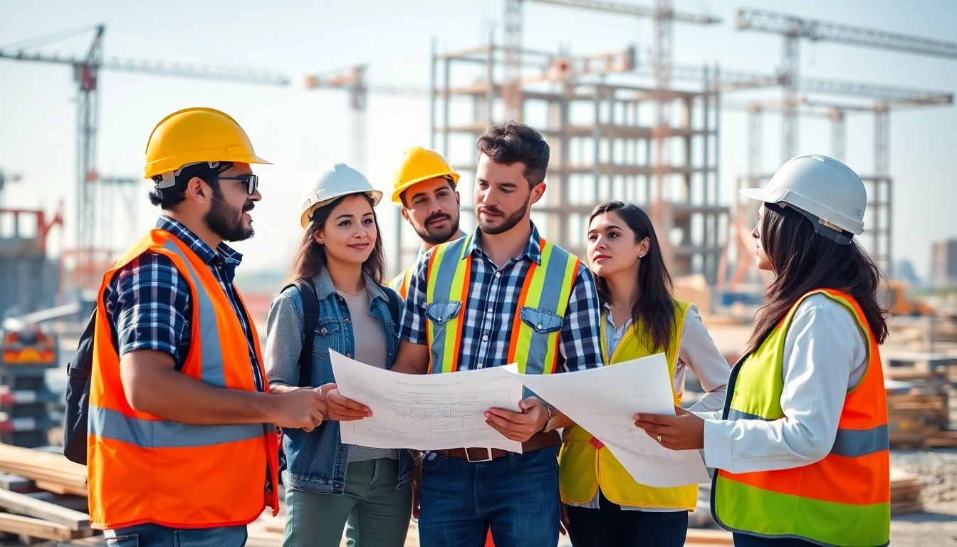 Construction workforce development depicted through diverse workers collaborating on-site and consulting plans.