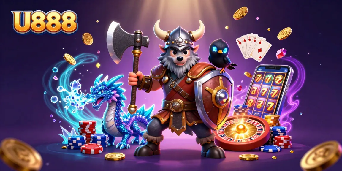 U888 showcases a dynamic 3D scene with a Viking wolf warrior, dragon, and vibrant casino elements