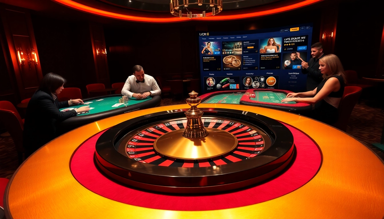 Experience LUCK8 in a luxurious casino setting with vibrant roulette tables and engaging players.