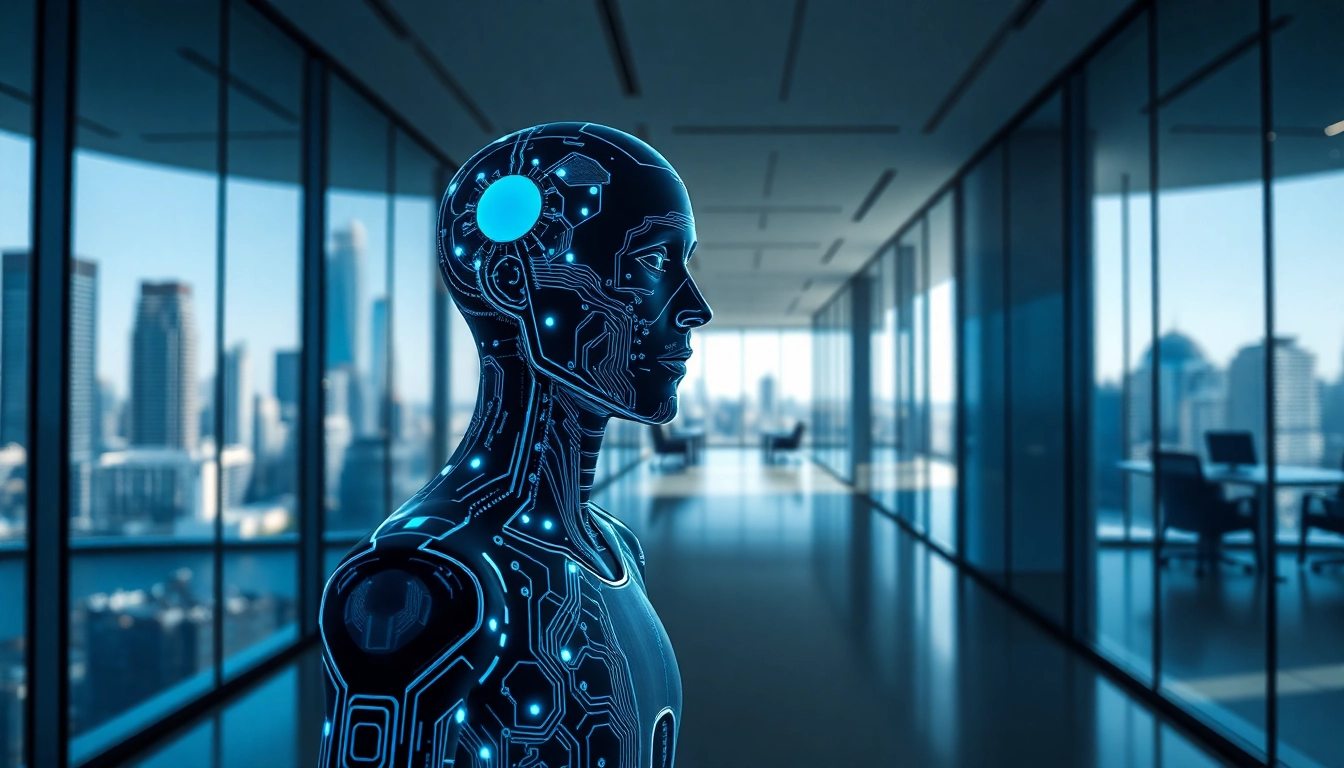 AI avatar showcasing advanced technology in a modern office setting.