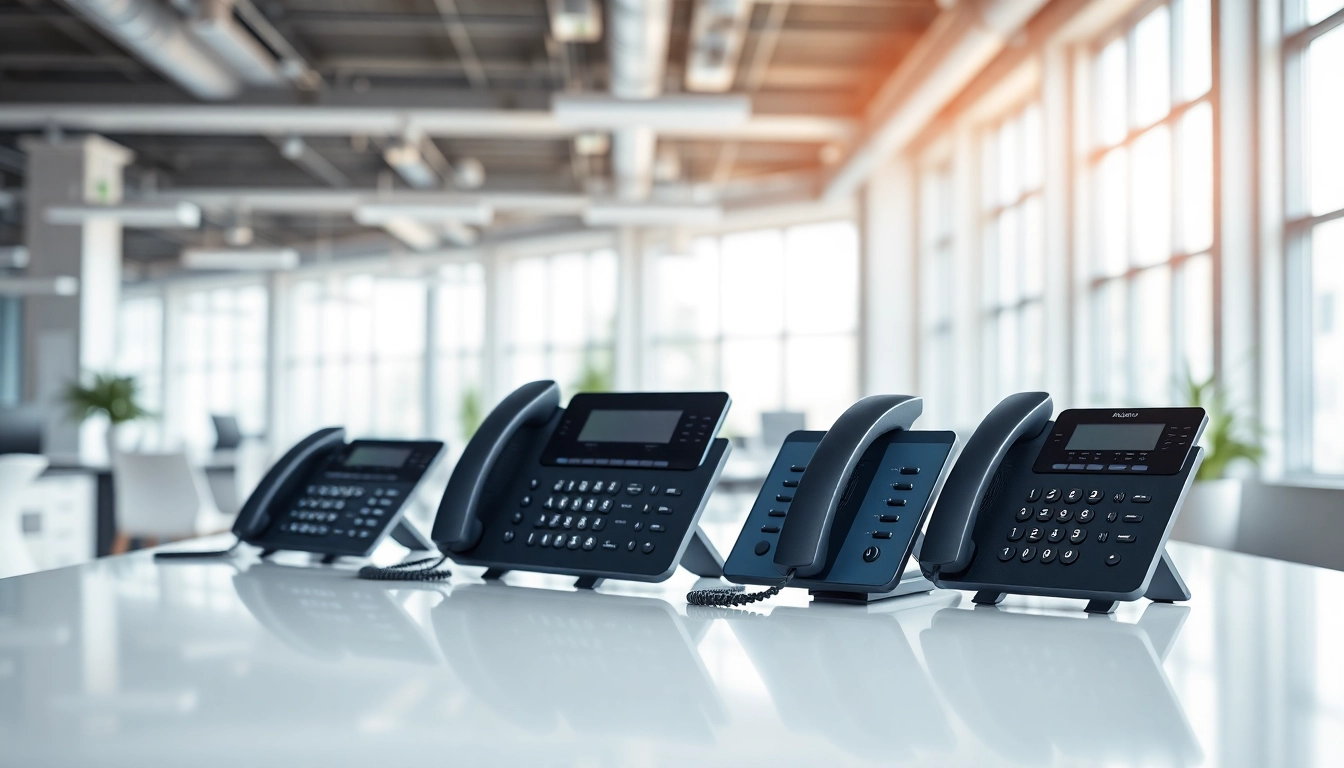 Explore advanced telephone systems in a bright office with sleek designs and modern features.
