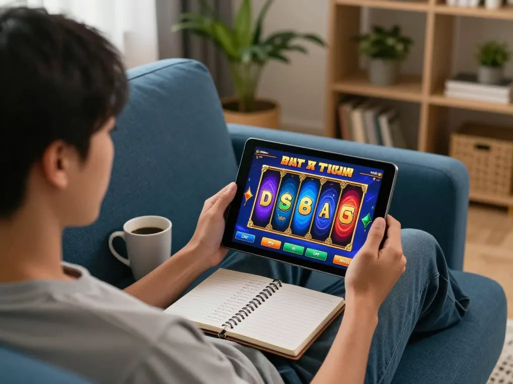 Engaging scene of slot bet kecil gaming on tablet with cozy environment, showcasing betting strategies.