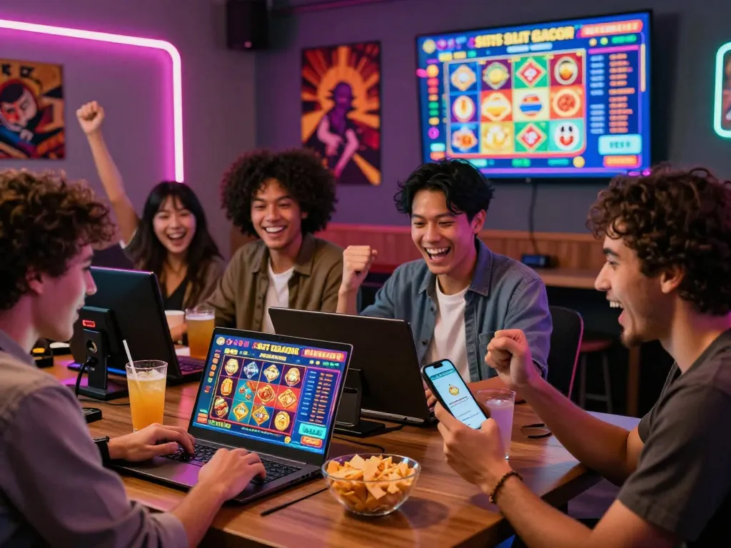 situs slot gacor game players having fun in a vibrant gaming lounge with exciting visuals