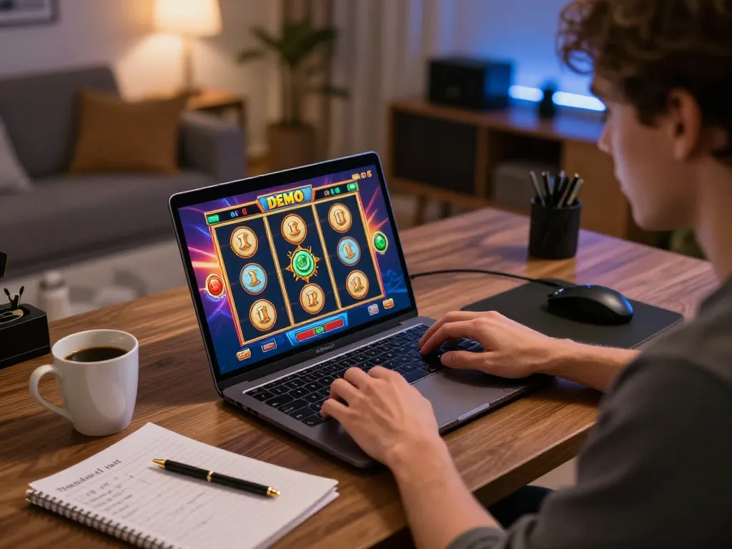 Engaging in a demo slot experience on a laptop, showcasing vibrant graphics and cozy home atmosphere.