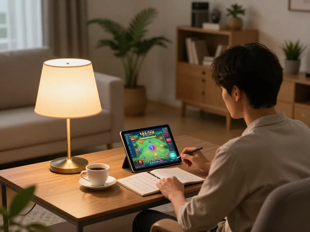 Engaged player enjoying the game tài xỉu online on a tablet with strategic notes nearby in a cozy living room.