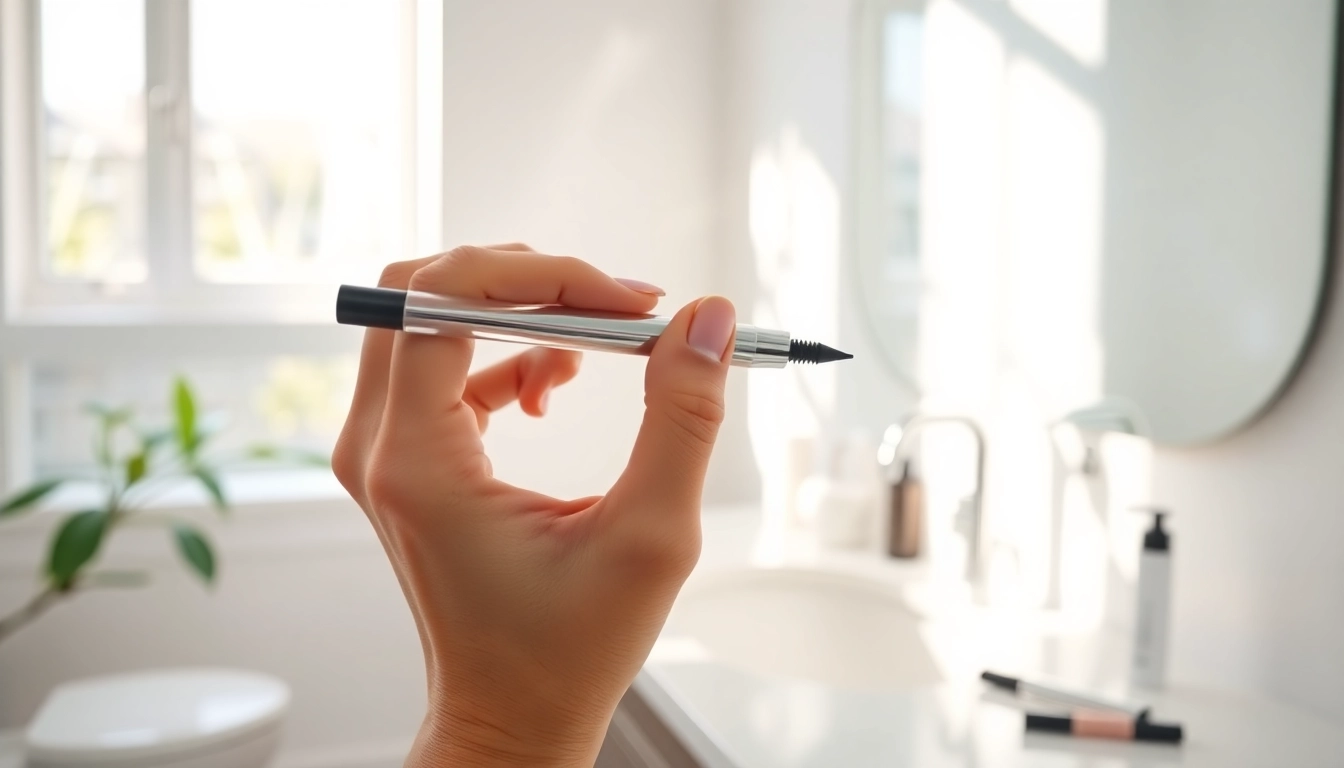 Applying an eyebrow pen with precision in a serene bathroom environment.