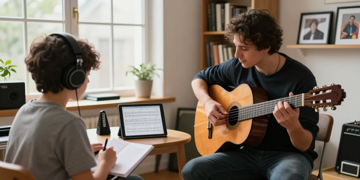 Guitar Instructor Online teaching a student in a warm home studio setting, showcasing personalized guitar lessons.