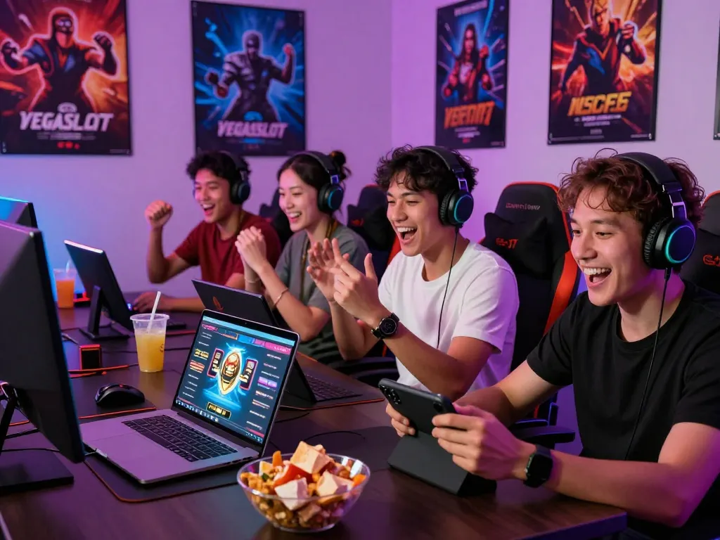 Friends engaged in an exciting online gaming session at VEGASSLOT77, showcasing teamwork and energy in a vibrant atmosphere.