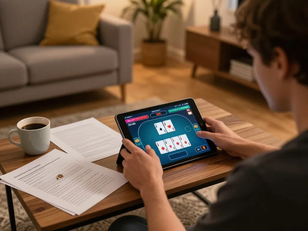 Engaging gameplay on trang chủ fly88 with poker on a tablet in a cozy home environment