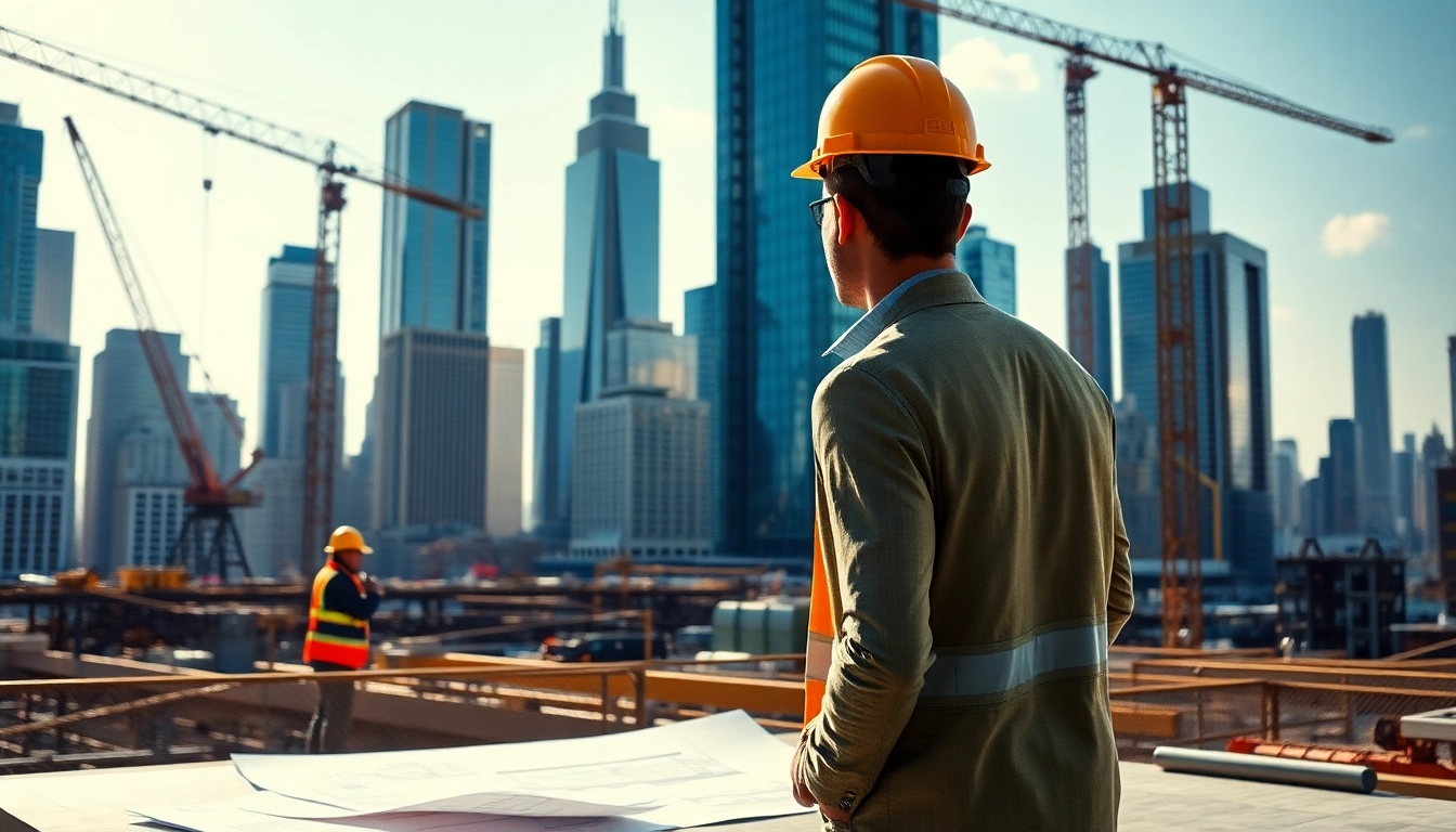 New York City Construction Manager supervising an active construction site in a dynamic urban environment.