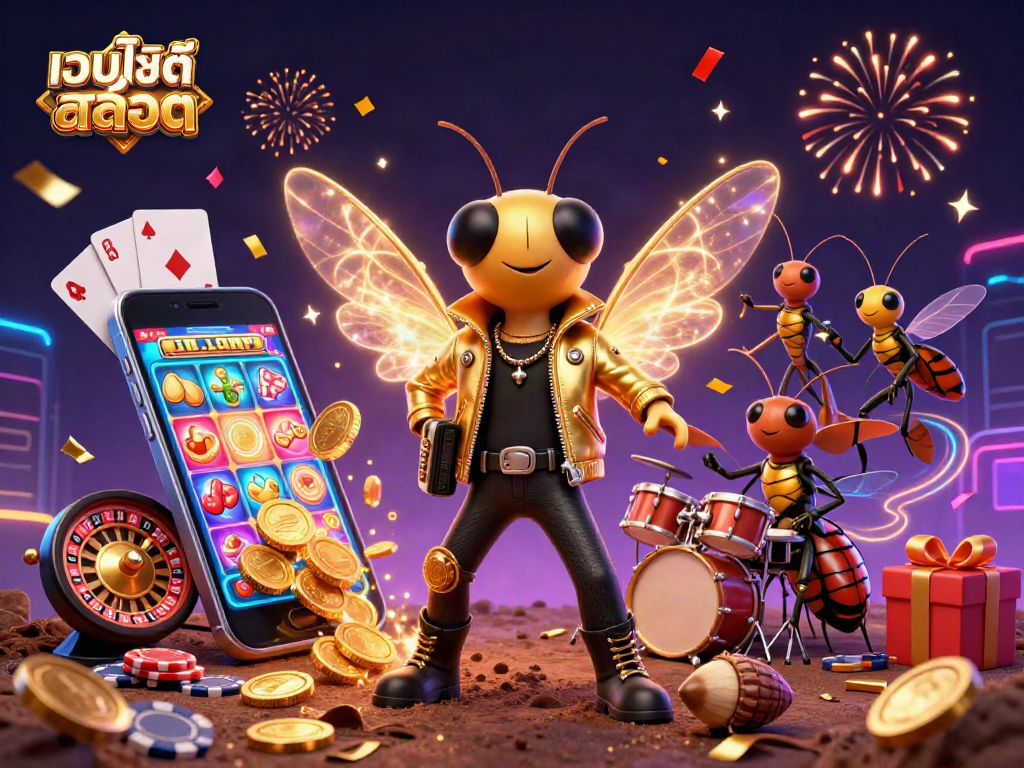 Engaging scene of 3D cartoon cicada rock star and beetle drummer celebrating with เว็บไซต์สล็อต elements, showcasing colorful slot games and riches.