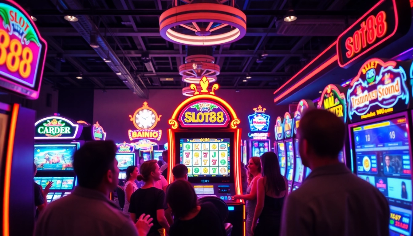Menangkan slot88 dengan mesin slot yang menyala dan penuh warna dalam suasana kasino yang riang.