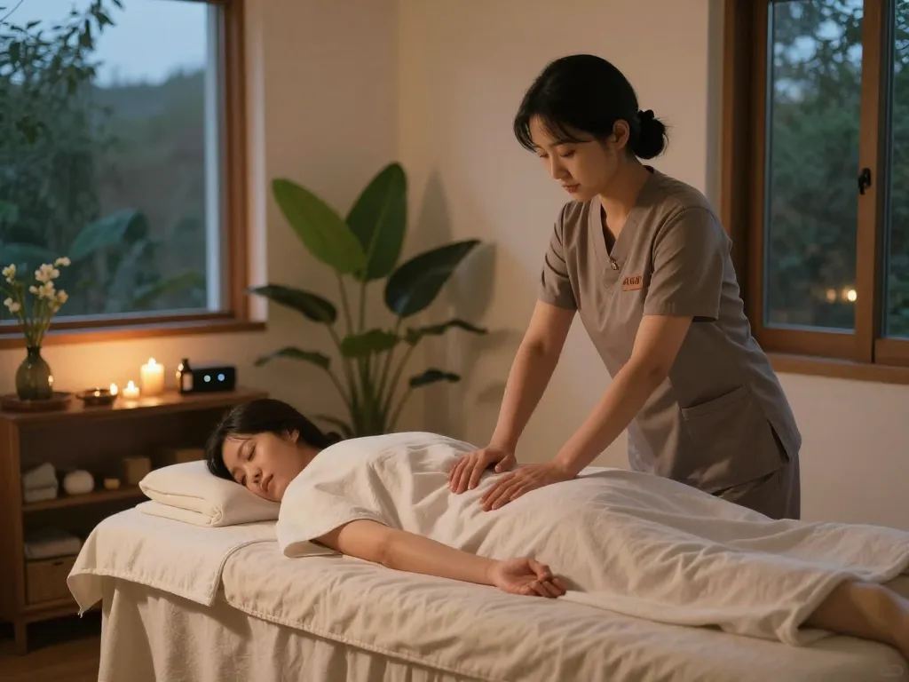 부천 출장마사지 in a tranquil home spa environment with calming lighting and aromatherapy setup.