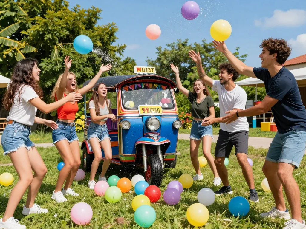 Friends enjoying the tuk tuk water balloon challenge outdoors, vibrant atmosphere with colorful balloons and tuk tuk in the background.