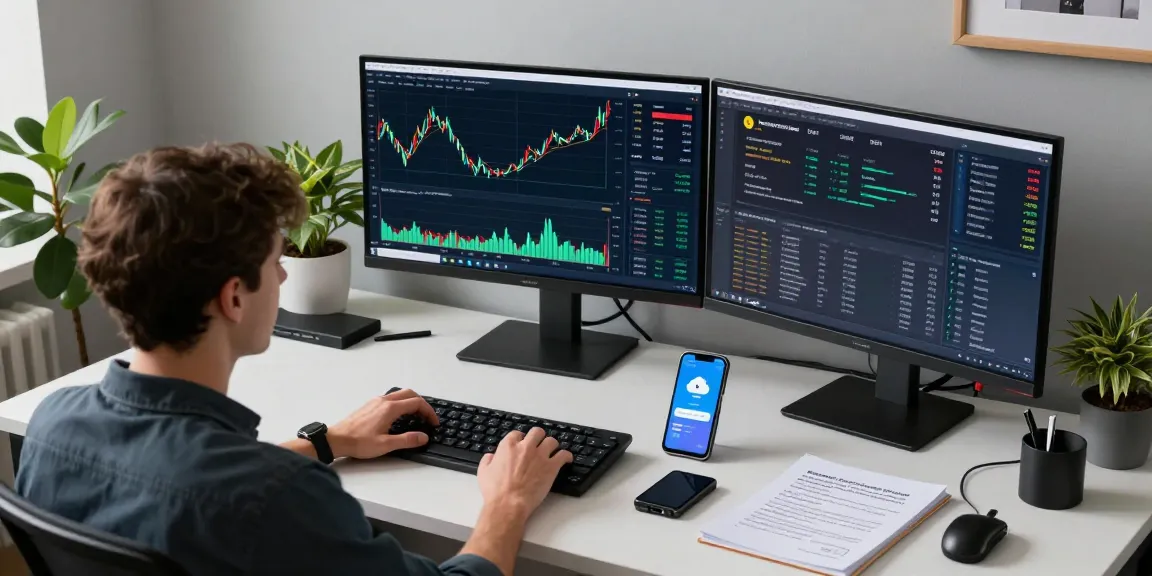 Beginner cloud mining platform analysis at a professional cryptocurrency workspace featuring real-time charts, secure tech devices, and strategic notes.