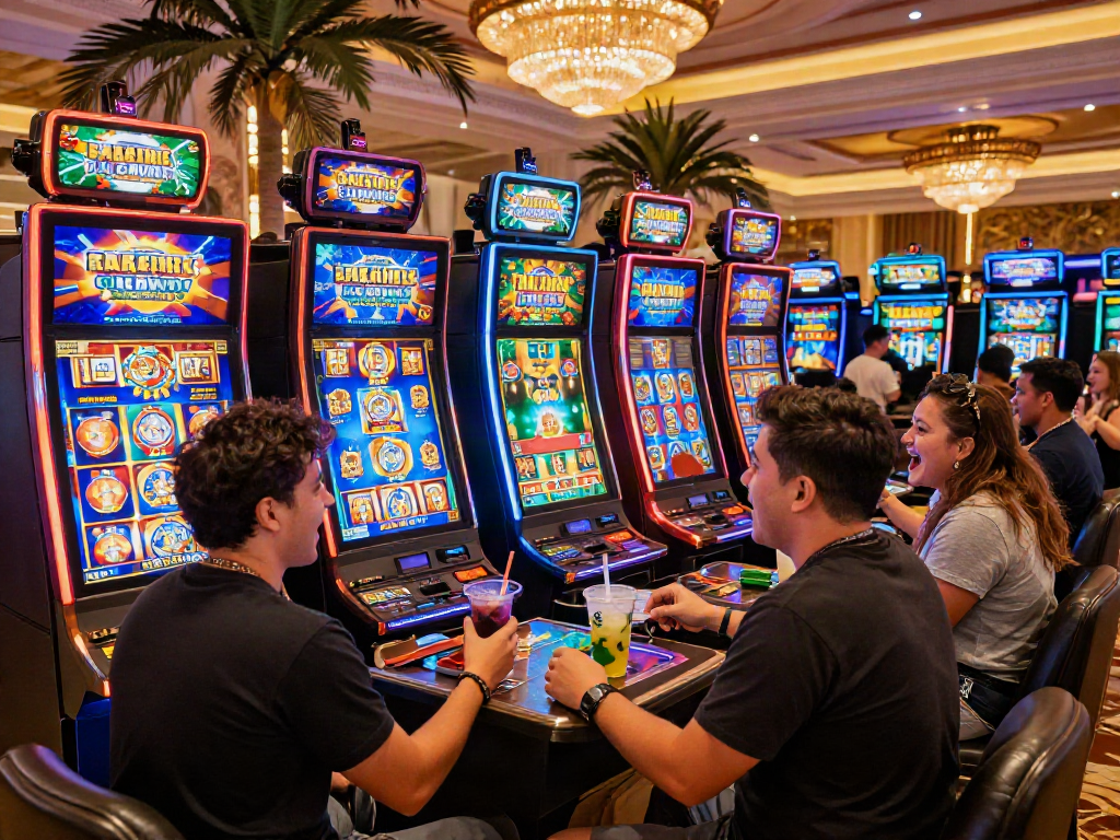 Excited friends enjoying slot luar negeri games at a vibrant casino resort.