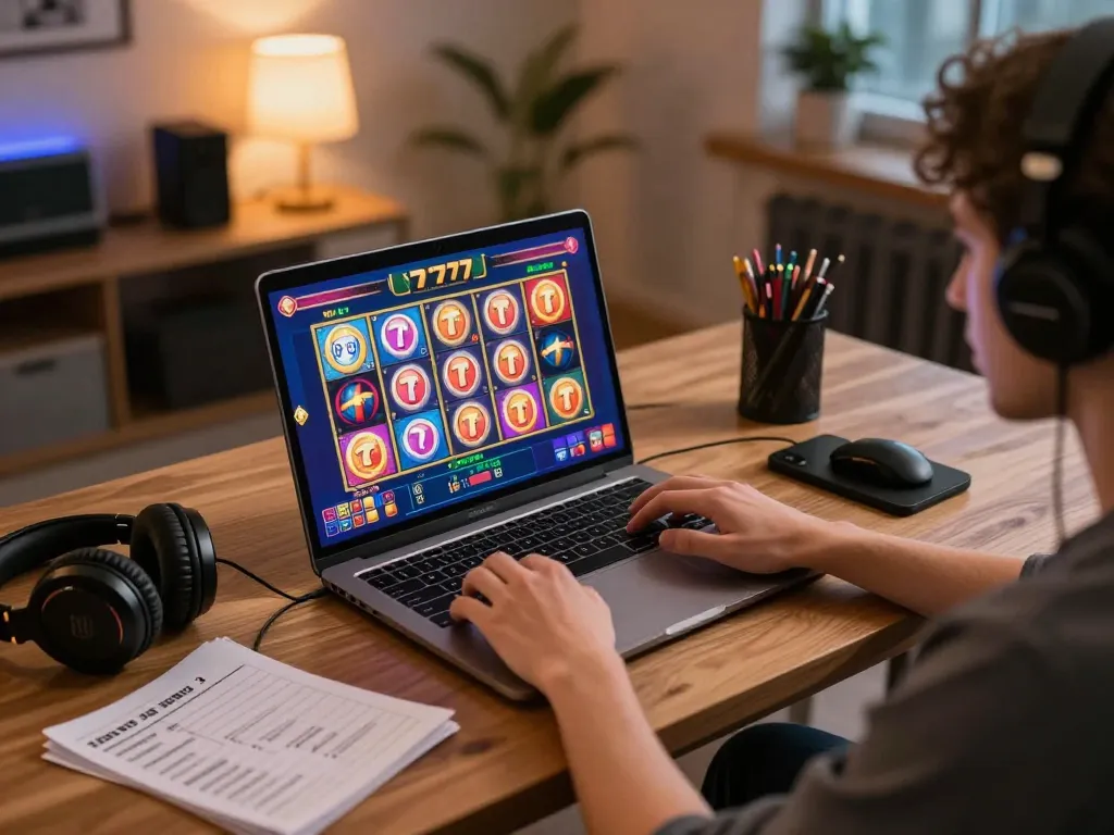 Engaging in thrilling slot777 games on a laptop during cozy home gaming session