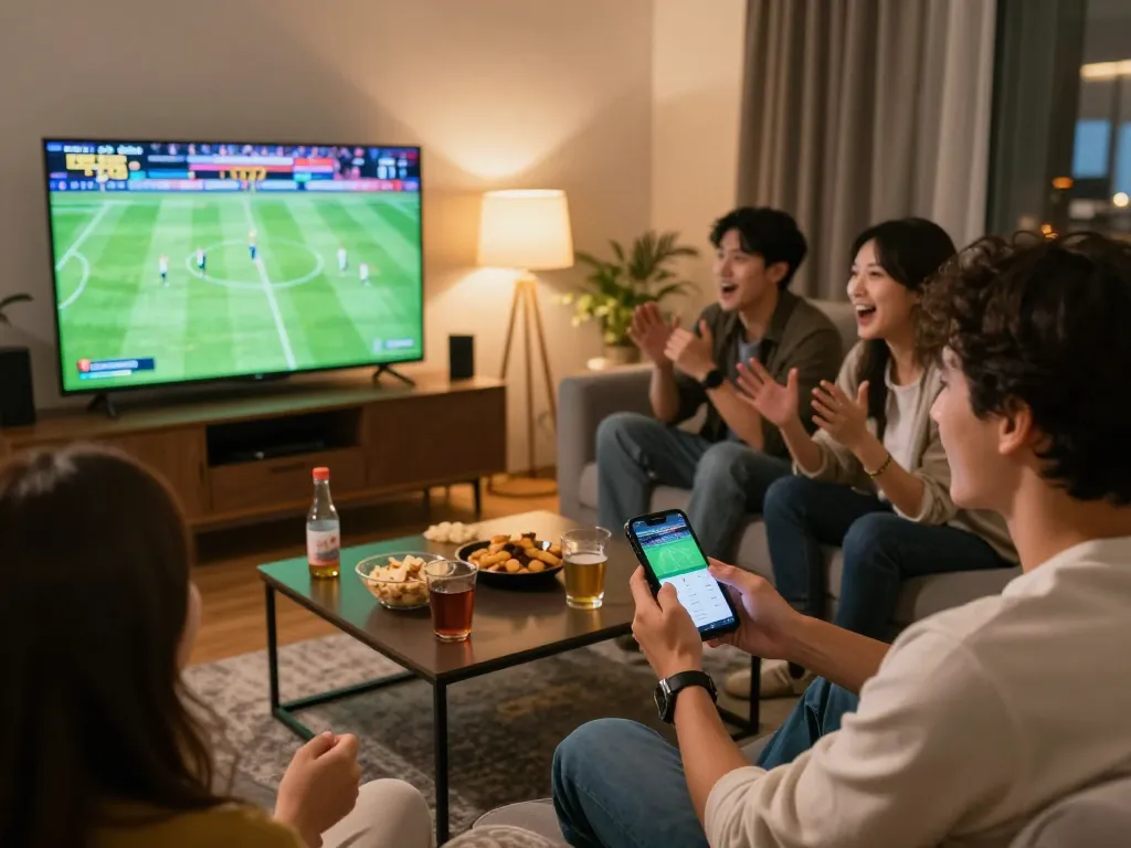 Friends enjoying sports betting using the DEWAGG app in a cozy living room setting