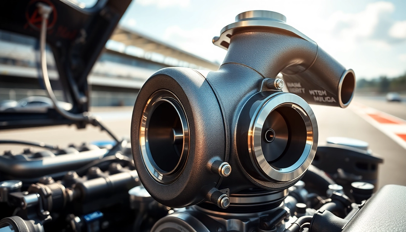 Display of Turbosmart ball bearing turbo on a racing engine showcasing intricate design and features.