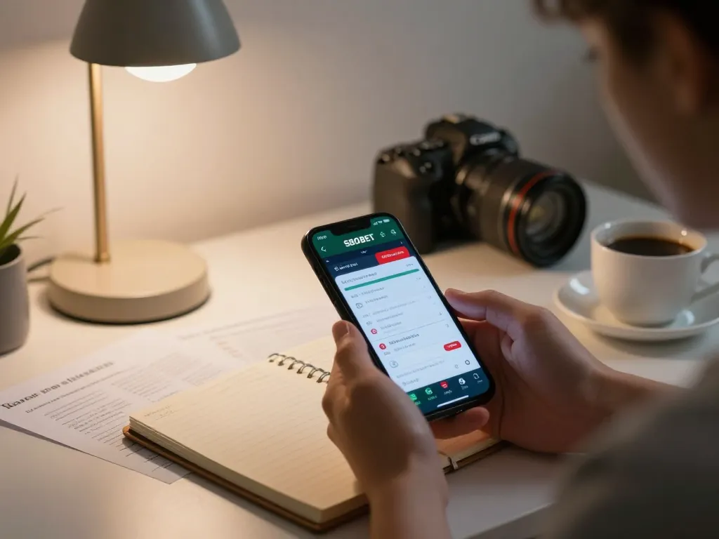 SBOBET user engaging with the betting app on smartphone in a cozy home setting.