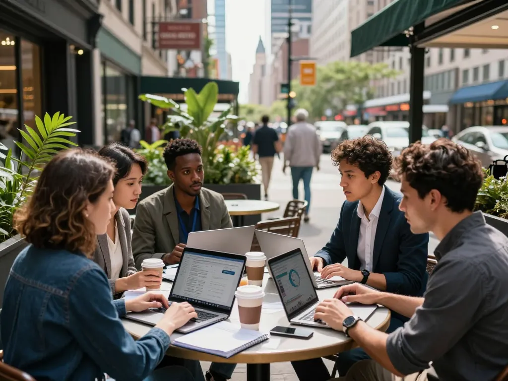 Team strategizing Local SEO NYC at an outdoor café with NYC skyline backdrop