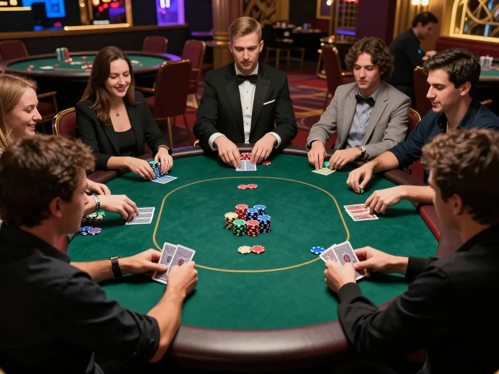 A thrilling poker game scene at a casino featuring the keyword 28 bet with players focused on their cards and chips.