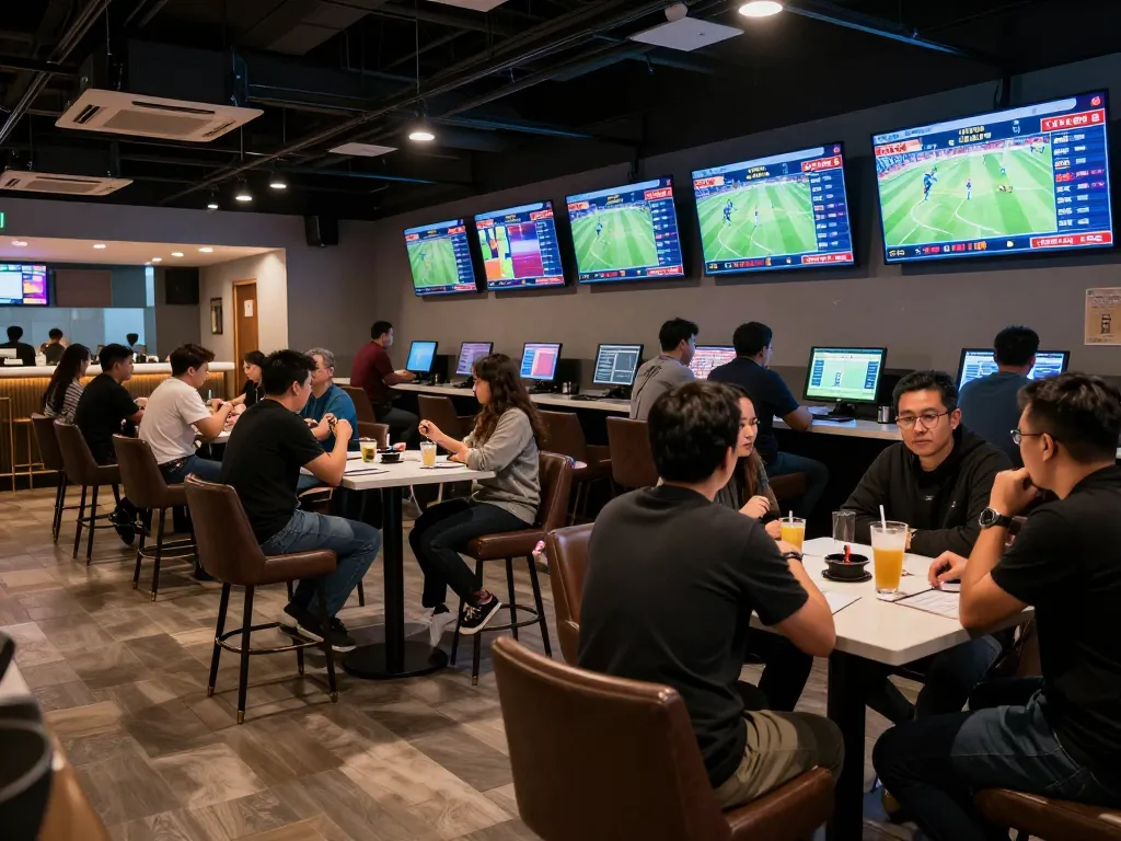 Engaged sports fans using Bongdalu for live betting strategies in a vibrant lounge