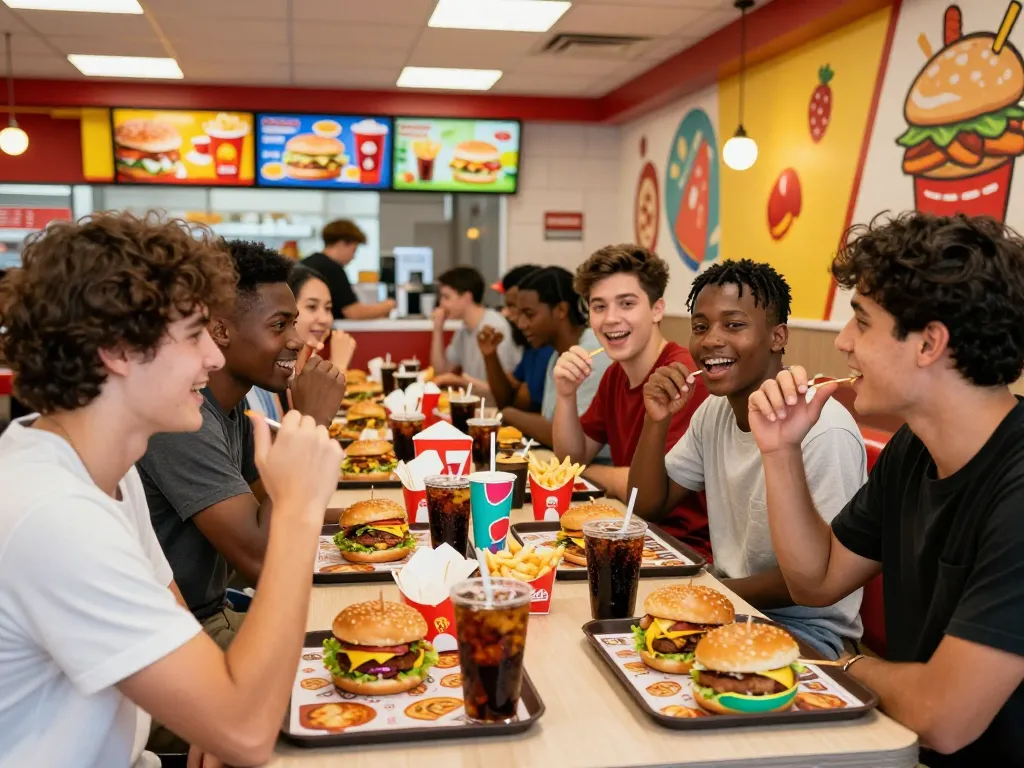 Fast food menu items enjoyed by friends in a vibrant restaurant atmosphere.