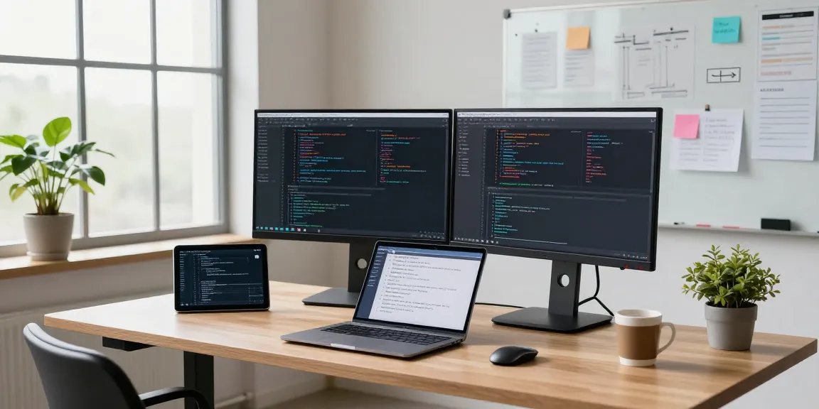 Developer at modern tech workspace showcasing 纸飞机中文版官网 on dual monitors surrounded by innovation tools.