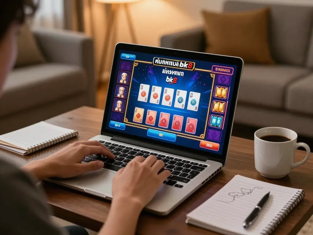 Engaging player using laptop for สมัครสมาชิก bk8 in a cozy living room setting
